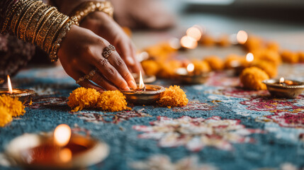 Hand Lighting Traditional Diyas Surrounded by Marigold Flowers During Onam Festival – Indian Cultural Celebration of Light, Decor, and Spiritual Rituals Captured in Festive Home Atmosphere