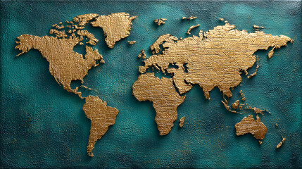 Golden world map on textured teal background copy space