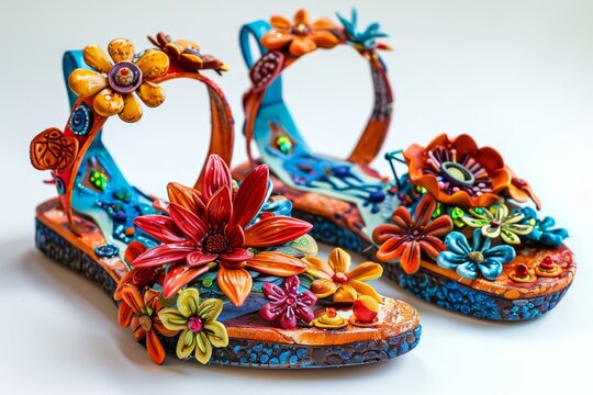 Pair of handcrafted sandals adorned with intricate floral embellishments, capturing the essence of bohemian style and summery flair