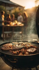 Outdoor barbecue with friends at sunset