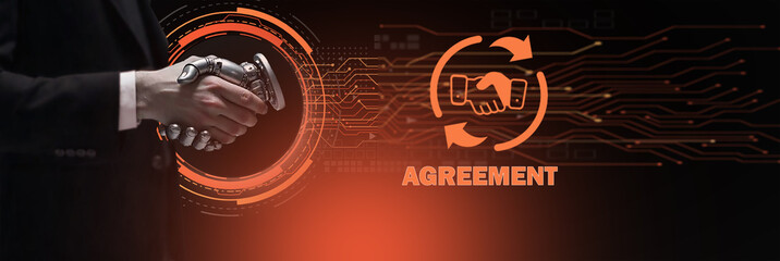 Human-robot handshake and agreement icon, symbolizing technology and collaboration in forming...