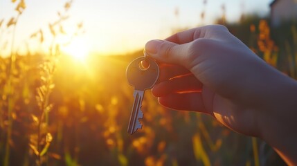 Golden hour illumination of hand holding a key to new home ownership