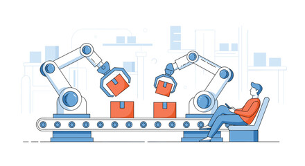 Automated Factory Production Line with Robotic Arms and Human Operator Overseeing Assembly Process