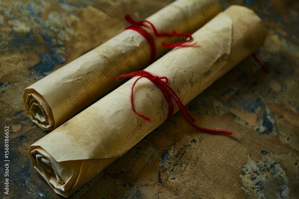 Aufkleber two antique scrolls tied with red ribbons are lying on a textured table and waiting to be read