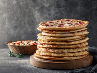 A stack of several pizzas, topped with various ingredients, sits on a wooden platter. A smaller bowl of another pizza type is visible in the background