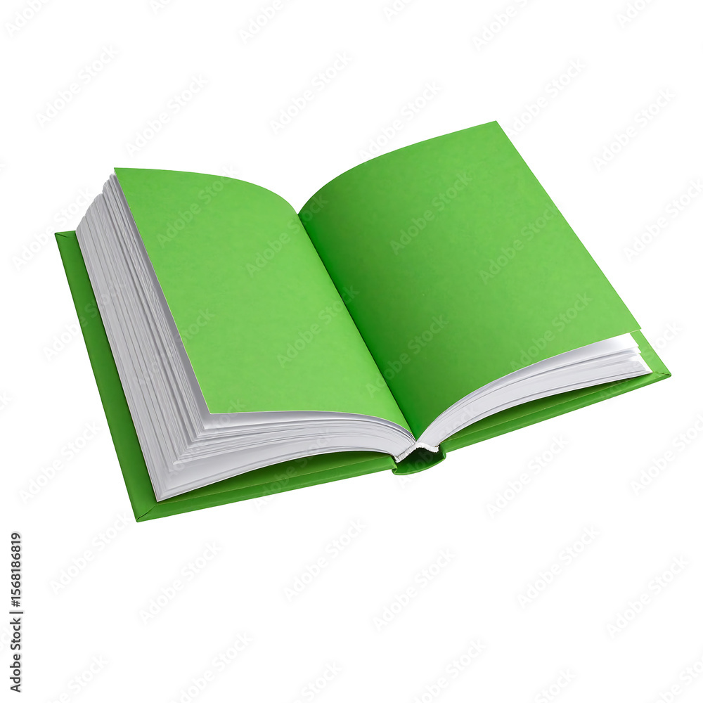 Poster green open book with clean empty pages floating in transparent isolated background