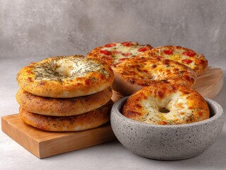 Stacks of assorted baked goods, possibly pizza bagels, sit on a light-brown wooden board, alongside a gray bowl, against a mottled gray surface