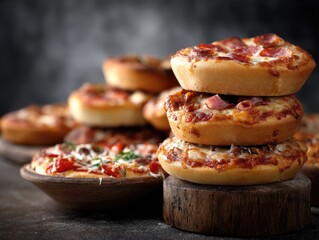 Stacked mini pizzas of various toppings, presented on wooden stands, and a selection of other pizzas on a rustic table