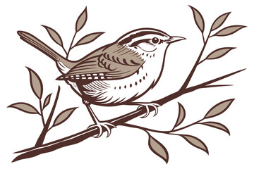 Carolina Wren Perched on a Branch with Leaves Artwork Illustration Nature Scene