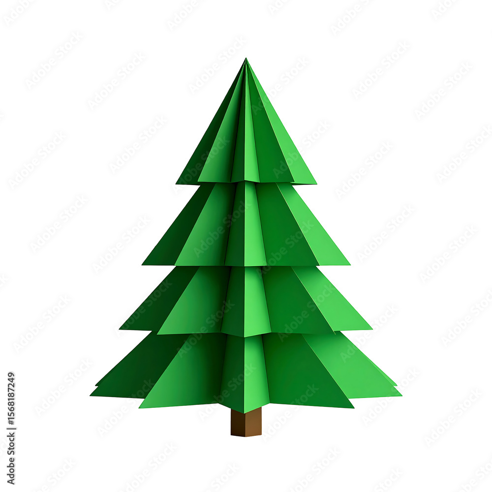Poster green pine tree with layered branches and brown trunk on transparent background
