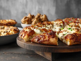 Sliced pizzas on a wooden board, alongside other pizzas and appetizers