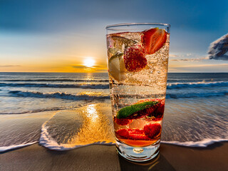 Italian soda drinks with strawberries and citrus photographed at the beach during sunset