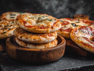 Close-up of small, stacked pizzas on wooden plates.  Various toppings visible