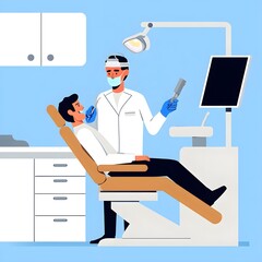 A man in a dental chair is examined by a dentist wearing a mask and gloves.
