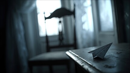 A paper airplane sits on a weathered wooden table in a dimly lit room with a chair and window. Soft focus