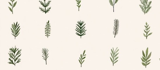 Botanical pattern showcasing various stylized leaves and sprigs on a neutral background