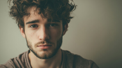 Obraz premium Young man looking directly at the camera, neutral expression, plain soft-toned background, clean composition