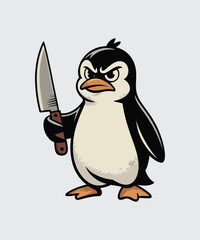 Angry Cartoon Penguin Holding Kitchen Knife Vintage Style Illustration