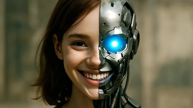 Cute stunningly beautiful cyborg girl with half metal face is smiling.