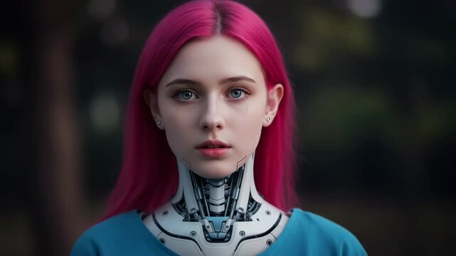 Cute stunningly beautiful cyborg girl is straitening her pink hair.