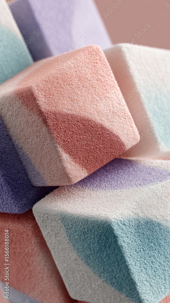 Poster close-up of pastel-colored, textured, square-shaped objects stacked in a 3d composition. soft, blend