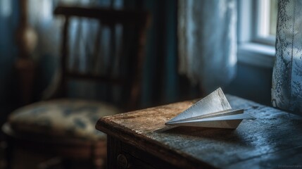 A paper airplane rests on a weathered wooden table in a dimly lit room