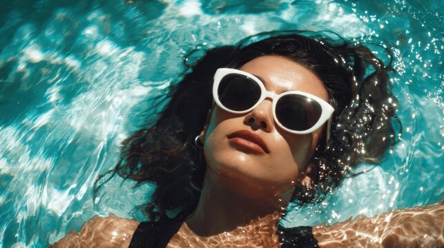 The woman enjoying a serene moment while floating in a refreshing pool.