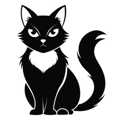 Stylized Black Cat with Fluffy Tail and White Patch, Cartoonish Feline Illustration for Halloween