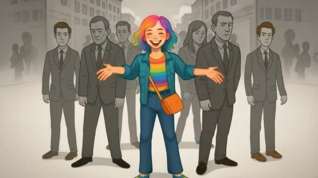 Colorful happy girl among boring ordinary tired sad people. Girl is creative, vivid, vibrant.