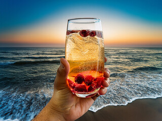 Italian soda drinks with strawberries and citrus photographed at the beach during sunset