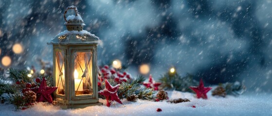 The enchanting winter lantern illuminating a snowy festive landscape.