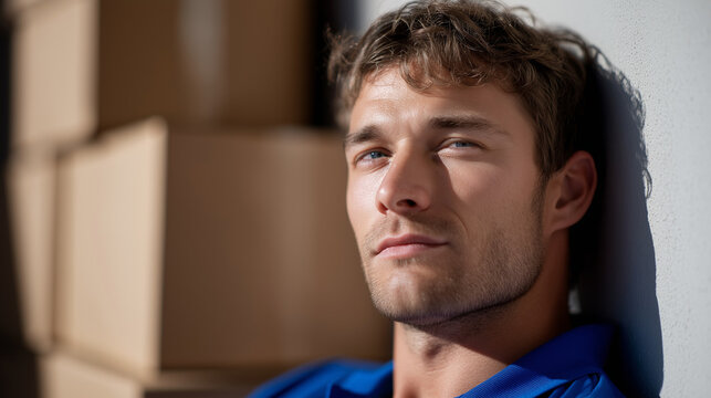 Young man with tousled hair wearing a blue shirt leans against a wall, surrounded by cardboard boxes, reflecting a moment of contemplation and calm in a busy environment