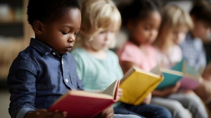Children gathered in a classroom engrossed in reading colorful books