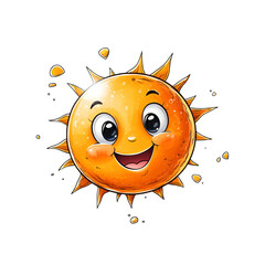 Cute cartoon sun with big eyes and happy smile isolated on white background