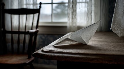 A folded paper airplane rests on a weathered wooden table in a dimly lit room with a window.  Lace curtains and an antique chair are visible