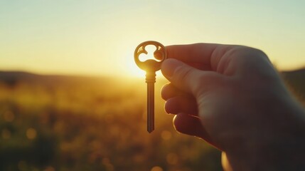 Hand holding a key silhouetted against a vibrant sunrise on an open field