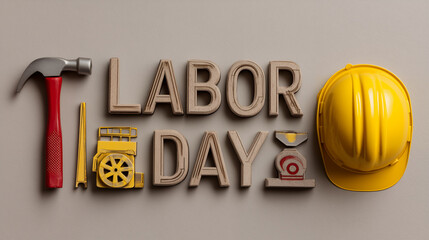 Labor day themed image featuring construction tools and a yellow hard hat on a gray background