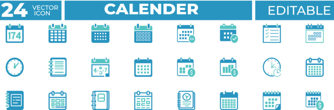 Calendar vector icon set. Containing calendar, date, planner, schedule, month, time, clock, notebook, finance, reminder, task, event more. Solid vector icons collection.