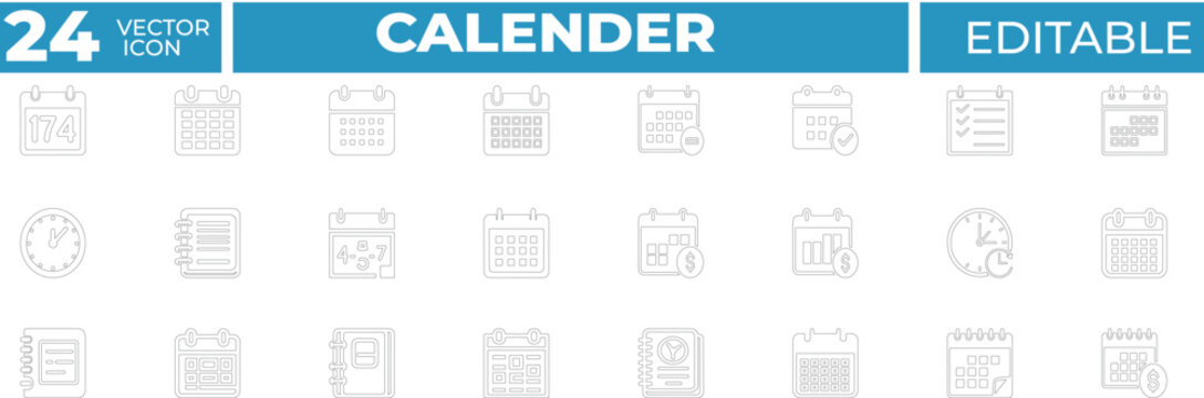 Calendar Vector Line Icons. Containing calendar, date, planner, schedule, month, time, clock, notebook, finance, reminder, task, event and more. Solid Vector Line Icons collection.
