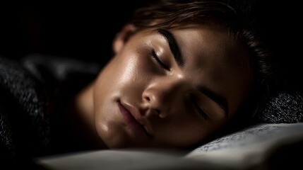Exhausted student sleeping on textbook in dim lighting