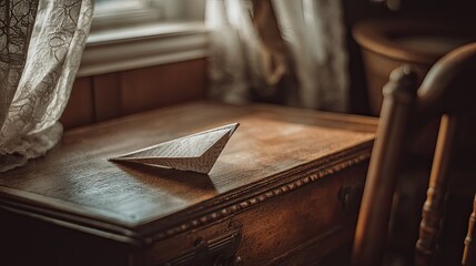 A paper airplane rests on a wooden table, near a window, in a room with light-toned curtains
