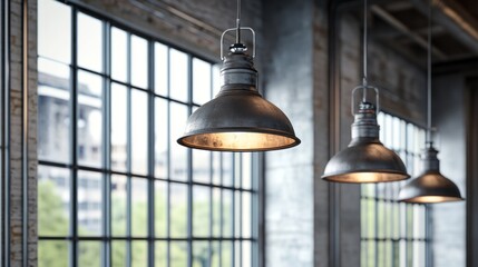 Three industrial-style pendant lights hang near a large window in a loft space.