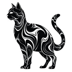 Stylized Black Cat with Intricate White Swirl Patterns on a White Background