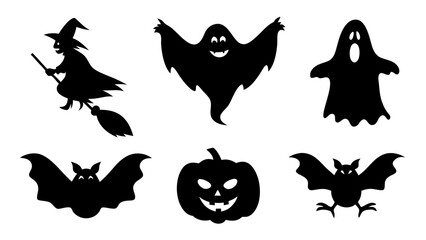 Set of Halloween silhouette collection elements on tranparent background