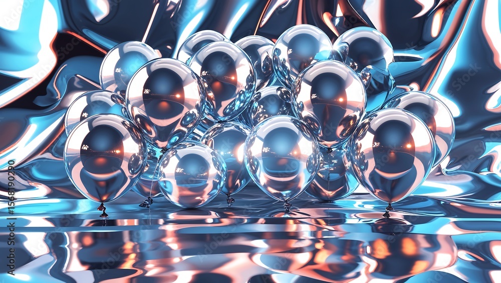 Aufkleber chrome balloon cluster reflection, distorted glossy vector background.