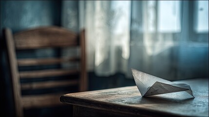 A paper airplane rests on a wooden table in a dimly lit room.  Soft light streams in from a window.  A wooden chair is in the foreground