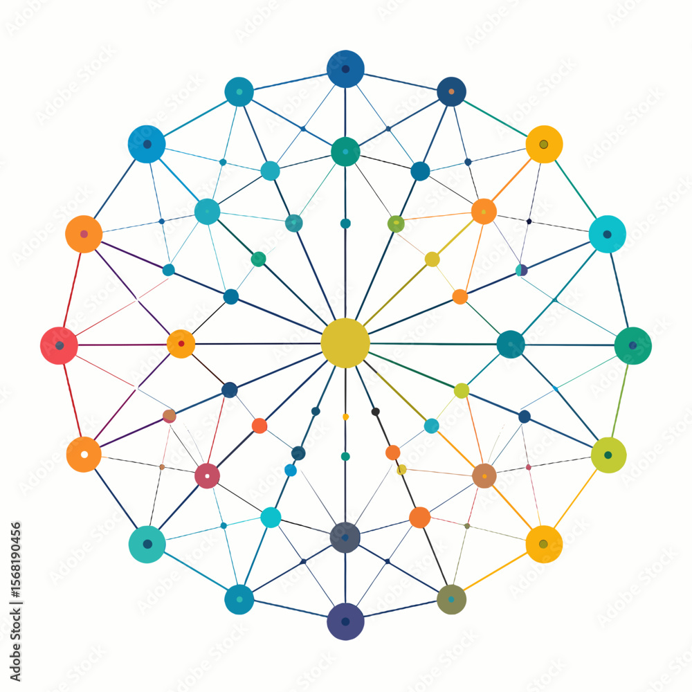Poster colorful geometric network of connected dots and lines on white background represents global connect