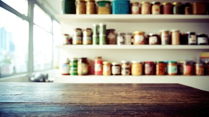 Blurred view of a kitchen pantry with shelves full of jars and containers.  Wooden table top in foreground