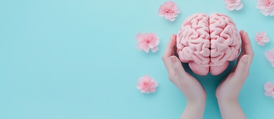 Gentle care for mental wellness represented by hands cradling a brain model