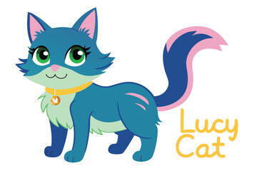 Charming Cartoon Cat Illustration A Whimsical Character Named Lucy with Striking Colors and Playful Details